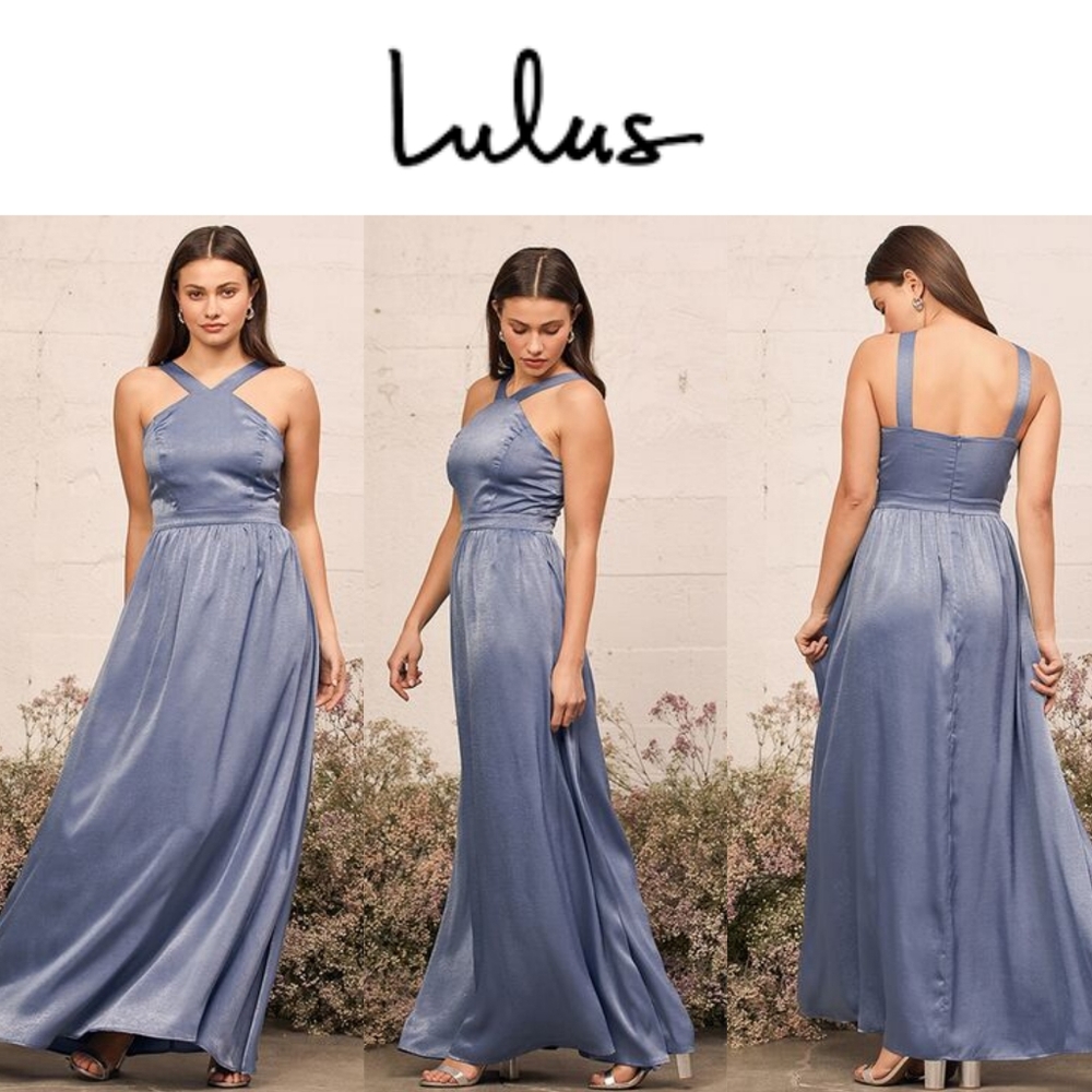 NWT Lulu's Air of Romance blame blue satin dress bridesmaid medium